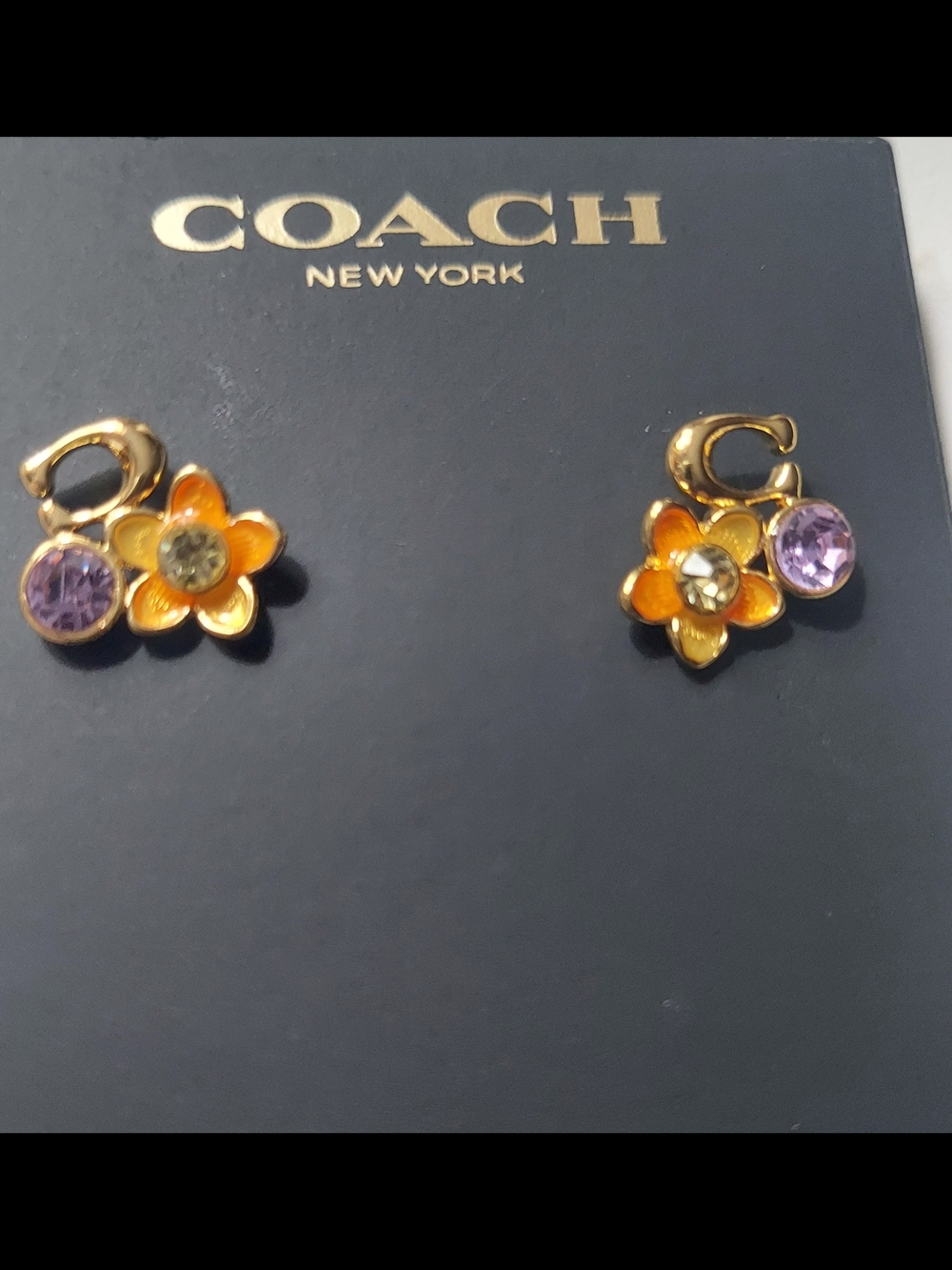 Coach Gold-Tone Orange Enamel Flower Earrings with Purple Crystals